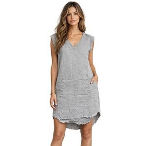 Cloth & Stone Lyocell T-Shirt Dress M Gray V-Neck Lagenlook Frayed Raw Hem Boho